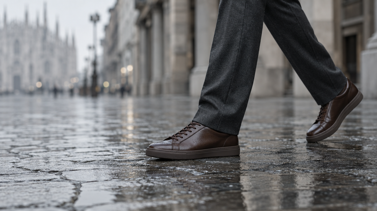 Man walking on a rainy Italian street in Amari leather sneakers
